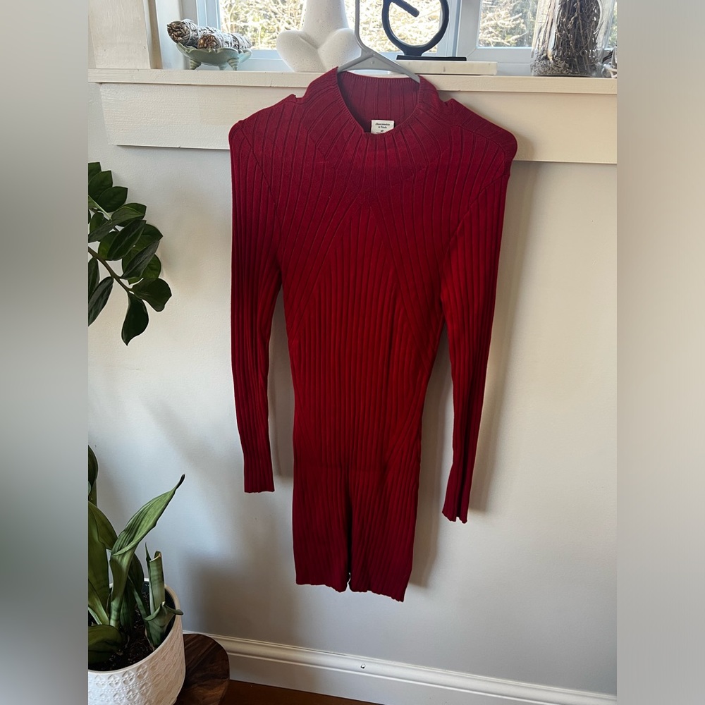 Red Turtleneck Fitted Ribbed Sweater-dress - Abercrombie & Fitch - Size M